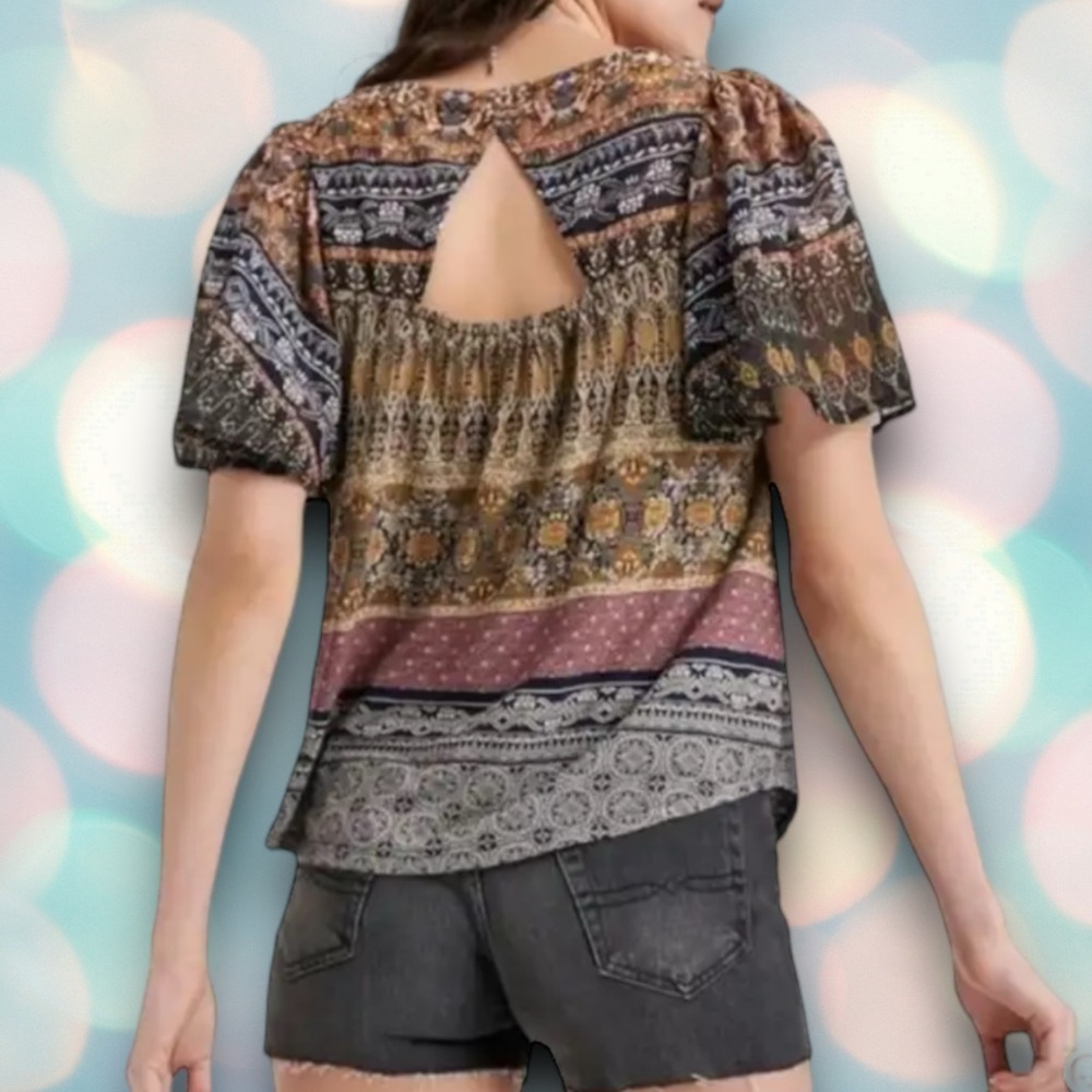 Lucky Brand Women’s Boho Pattern Flutter Sleeve Shirt Top Size M - Picture 2 of 7